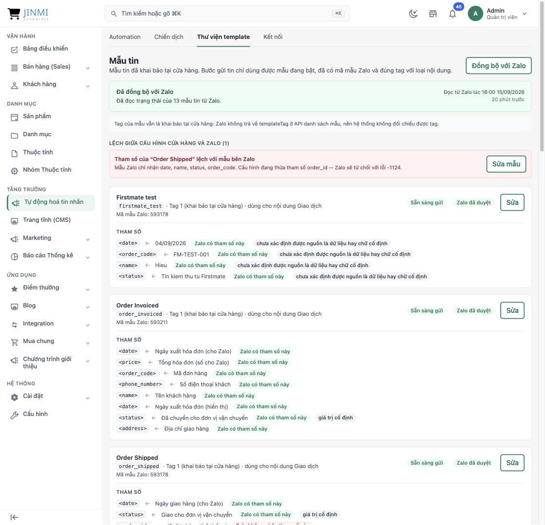 Thư viện template sau khi đồng bộ, kèm cảnh báo lệch tham số